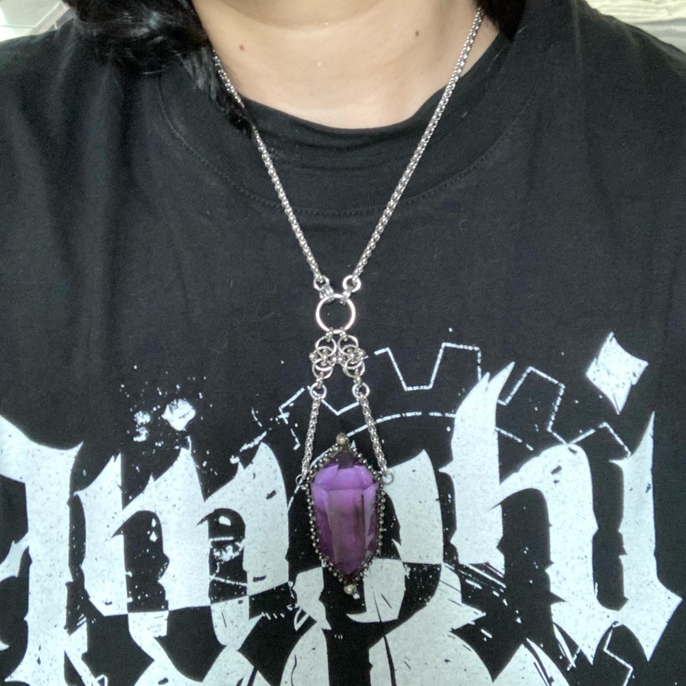 Natural big purple amethyst crystal gemstone boho goth maille steel necklace - Picture 13 of 16